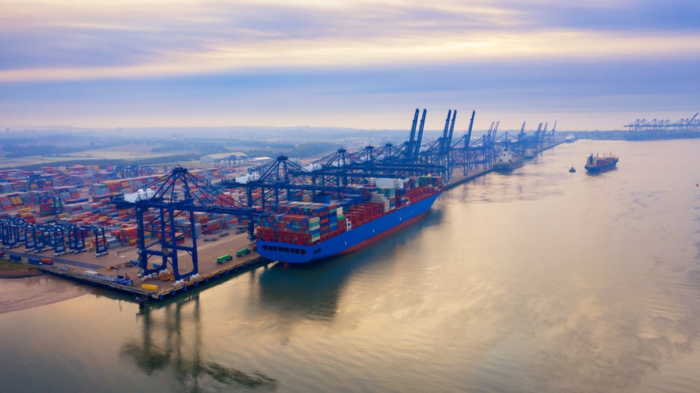 Ship docked at a port.