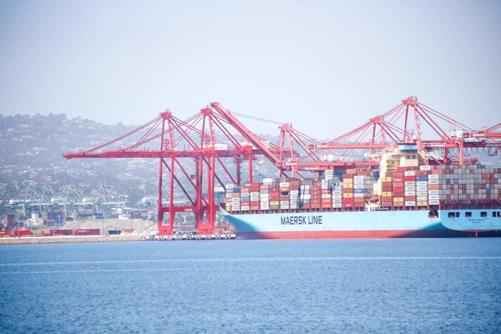 A Maersk container ship leaves a port. One of the company's ships recently lost some containers in a storm.