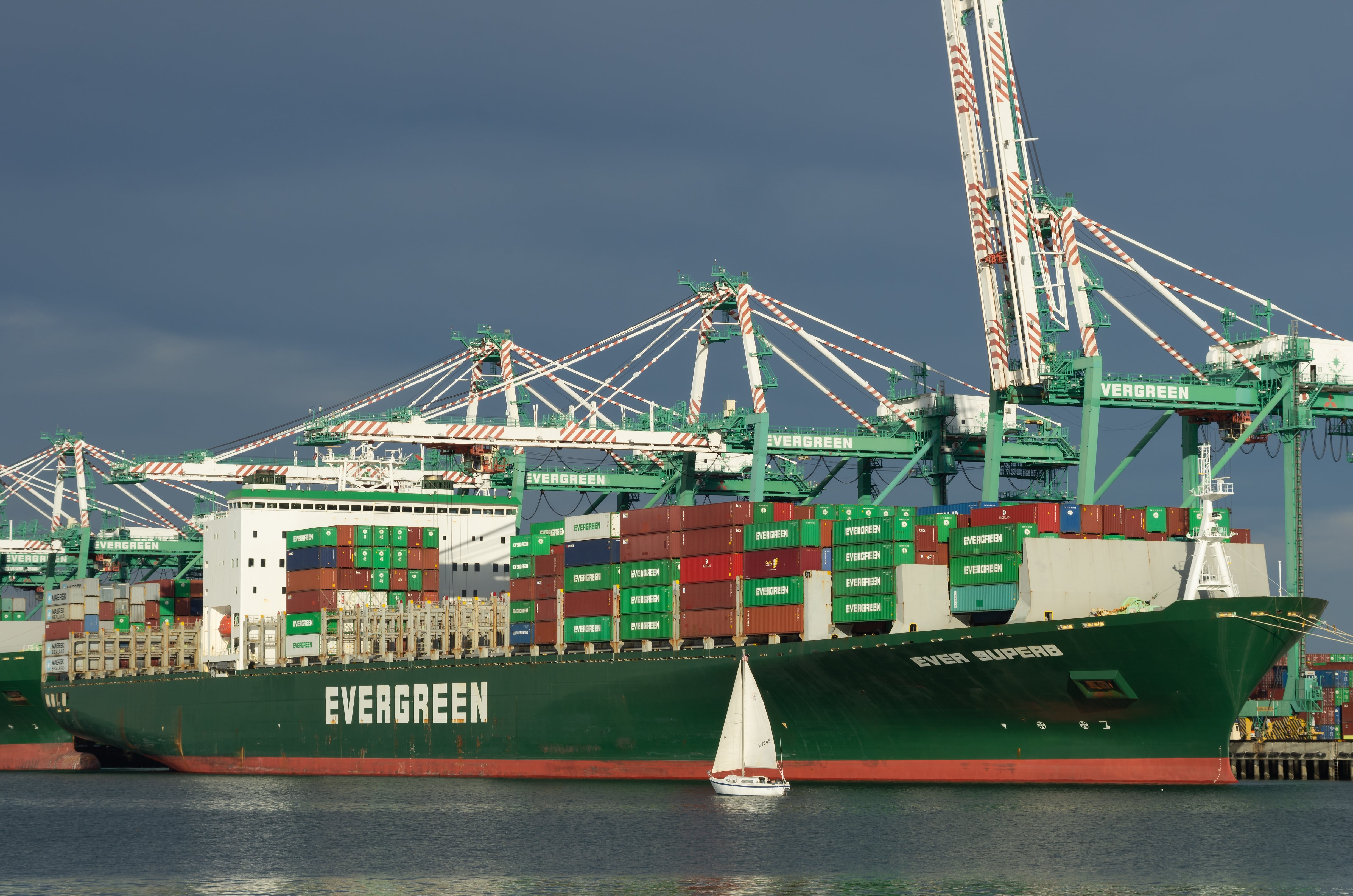 Evergreen container ship leaves port. One of Evergreen's ship is stuck in the Suez Canal.