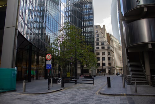 An empty City of London in 2020 during the COVID-19 pandemic.