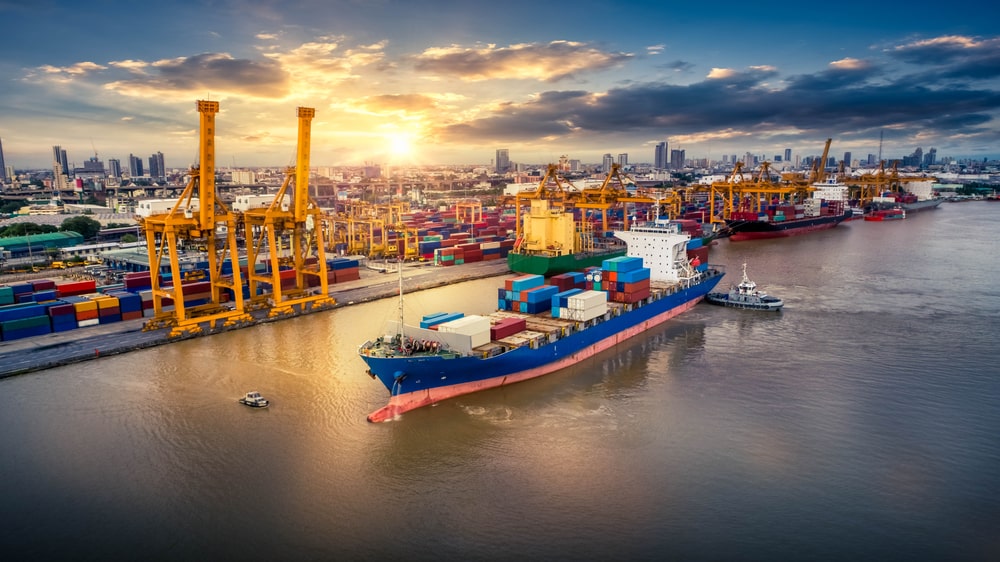 A container ship leaving a port.