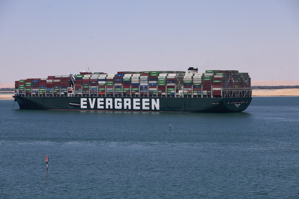 A Ever Given Ship in the Suez Canal, months after the blockage in March.