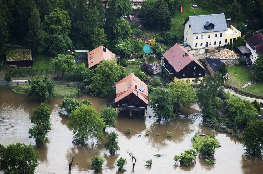 Catastrophic and damaging flood of Elbe river in Germany, houses and streets underwater in July 2021