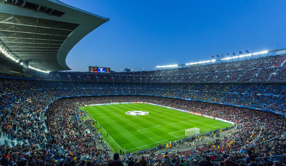 Camp Nou, Barcelona's Stadium at Night before a Champions League game.