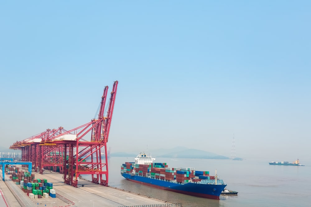 container terminal, an ocean-going freighter berth at port of ningbo, China